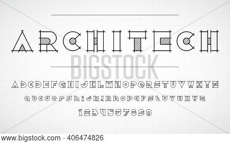 Architech Font. Graphic Black And White Letters. Linear Drawing Alphabet For Banners, Logo And Texts