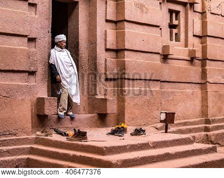 Lalibela, Ethiopia - Feb 13, 2020: Ethiopian People At The Church Of Bete Amanuel, Monolitic Church 