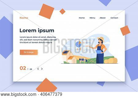 Happy Female Farmer Working On Farm To Feed Population Flat Vector Illustration. Cartoon Farm With A