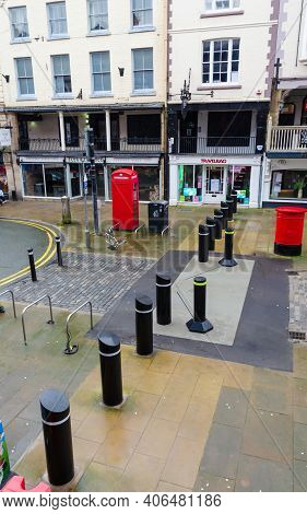 Chester; Uk: Jan 29, 2021: Anti Terror Bollards On Bridge Street Restrict Access To The Central Part