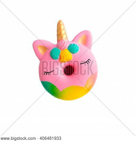 Pink Silicone Donut Unicorn Anti-stress Squish Toy Isolated On White