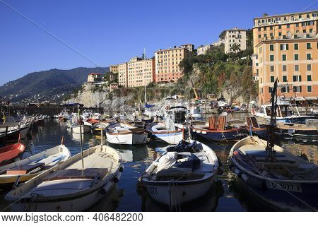 Camogli (ge), Italy - June 01, 2017: Camogli's Harbour In The Fishing Village Of Camogli, Gulf Of Pa