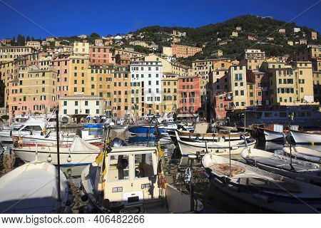 Camogli (ge), Italy - June 01, 2017: Camogli's Harbour In The Fishing Village Of Camogli, Gulf Of Pa