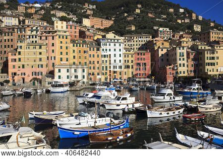 Camogli (ge), Italy - June 01, 2017: Camogli\'s Harbour In The Fishing Village Of Camogli, Gulf Of P
