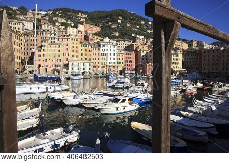 Camogli (ge), Italy - June 01, 2017: Camogli's Harbour In The Fishing Village Of Camogli, Gulf Of Pa