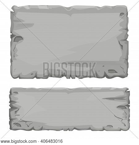 Set Of Stone Tablet, Rock Banner With Cracked Elements In Cartoon Style Isolated On White Background