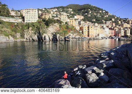 Camogli (ge), Italy - June 01, 2017: Camogli\'s Harbour In The Fishing Village Of Camogli, Gulf Of P