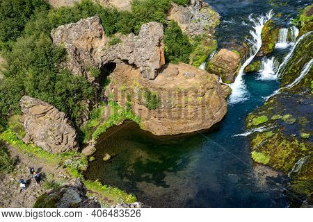 Hjalparfoss; Iceland - July 29, 2017: Scenic Landscape Of Hjalparfoss On The South Of Iceland