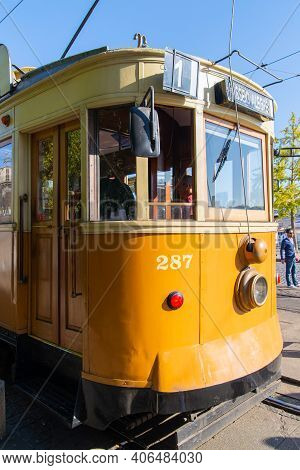 Portugal, Porto, October 06, 2018: Close Up A Historical Tram In Porto.