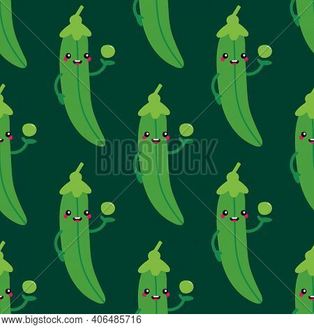 Vector Seamless Pattern Background With Cute Smiling Cartoon Green Peas Pod Character Holding Small 