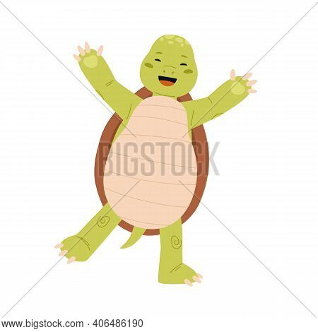 Cute And Happy Green Turtle Smiling And Laughing With Paws Raised Up. Funny And Glad Tortoise Charac