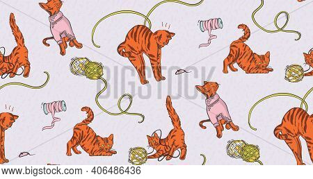 Home Pet Cat Funny Nursery Print. Craft Stitching, Embroidery Print. Little Kitten Playing With Yarn