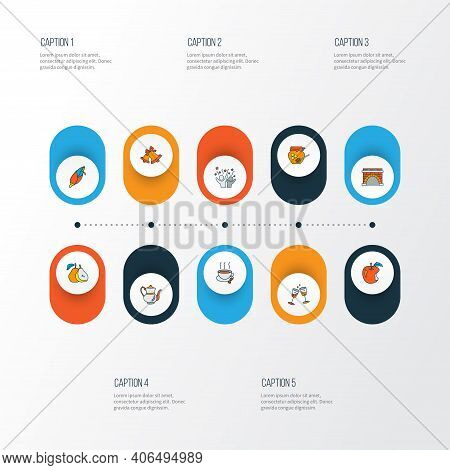 Festival Icons Colored Line Set With Bells, Honey, Hot Coffee And Other Porcelain Elements. Isolated