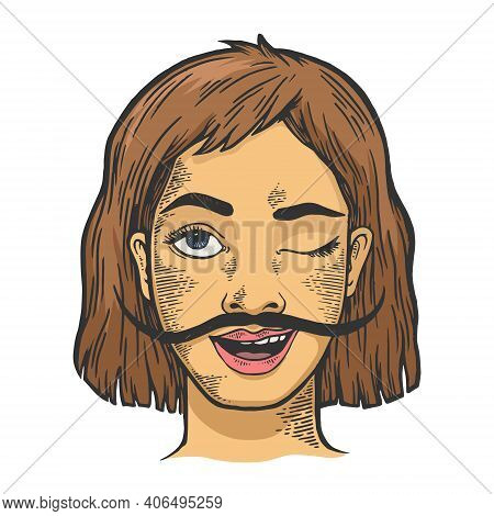Happy Young Winking Woman With Long Mustache Color Sketch Engraving Vector Illustration. Scratch Boa