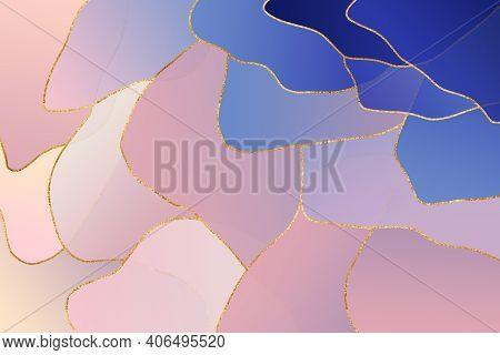 Vintage Illustration Of Ink Streaks From Blue To Pink With Gold. Romantic Background.