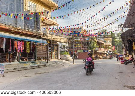 Chitwan, Nepal - November 09, 2019: Colorful Street In The Center Of Sauraha, Nepal