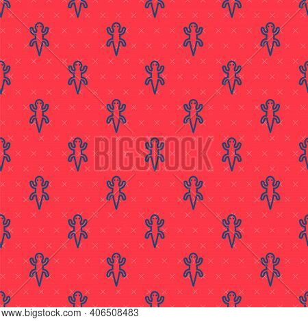 Blue Line Lizard Icon Isolated Seamless Pattern On Red Background. Vector