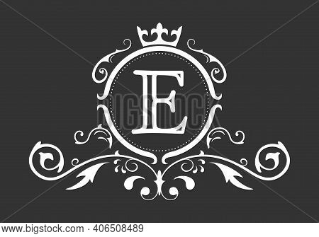 Stylized Letter E Of The Latin Alphabet. Monogram Template With Ornament And Crown For Design Of Ial