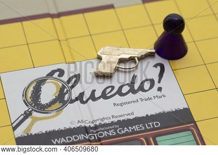 London, Uk - January 28th 2020: Cluedo Murder Mystery Boardgame Pieces Made By Waddingtons