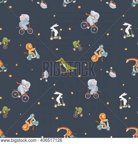 Beautiful Vector Seamless Pattern For Children With Watercolor Hand Drawn Cute Animals On Transport.