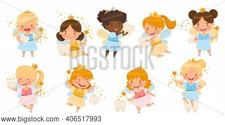 Cute Little Tooth Fairy With Baby Teeth And Wand Vector Set