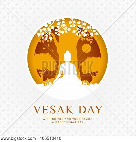Vesak Day Banner - White And Yellow The Lord Buddha Meditate Under Bodhi Tree In Circle Layer Style 