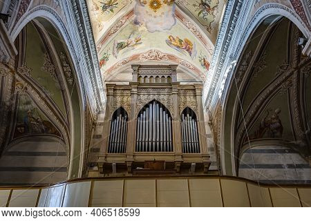 CORNIGLIA, ITALY - october 2020: inside of the Sant Pietro church in Corniglia village in Cinque Terre on the Italian Riviera