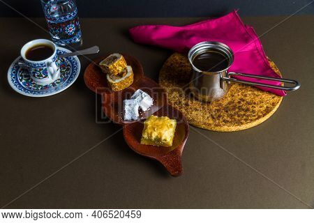 Baclava And Turkish Delight Served With Coffee.