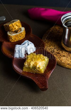 Baclava And Turkish Delight Served With Coffee.