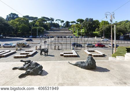 Rome, Italy - October 10, 2020: National Gallery Of Modern Art Next To Villa Borghese Gardens, Bronz