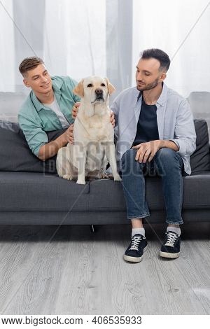 Cheerful Same Sex Couple Smiling And Cuddling Labrador On Couch.