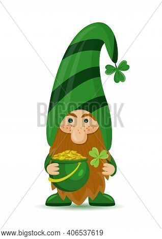 A Cute St Patrick's Day Leprechaun Cartoon Character With Clover And Pot Of Gold. Irish Gnom With Sh