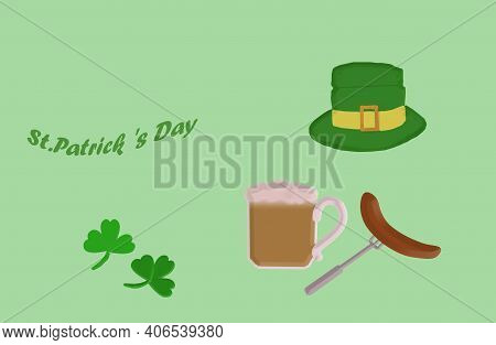 3 D - Rendering. On A Green Background, Two Clover Leaves, A Green Hat, A Mug Of Beer With Foam And 