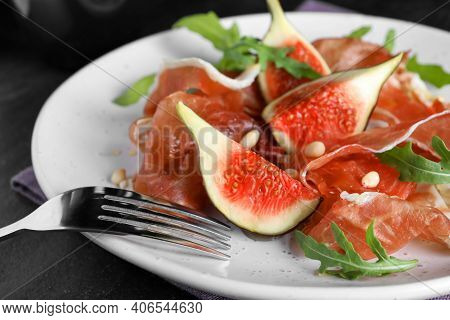 Delicious Figs And Proscuitto On Plate, Closeup
