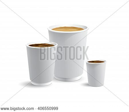 Set Of White Papar Take Away Coffee Cups For Latte Cappuccino And Esspresso Or Americano Full With C