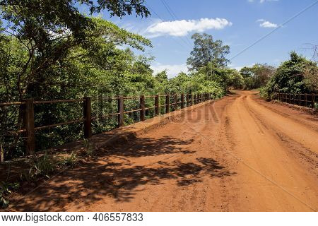 Dirt Road With A Bridge Over Sao Lourenco River, At Sao Paulo State. Araraquara Region