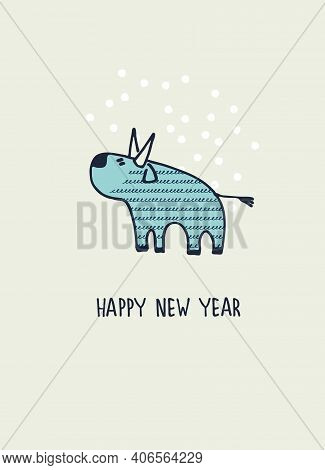 Happy New Year Greeting Card With Ox, Zodiac Animal For 2021. Funny Chinese Horoscope Bull And Hand-