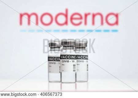 Kremenchuk, Ukraine - 03.02.2021: Moderna Inc. Coronavirus Vaccine. On A White Background. High Qual