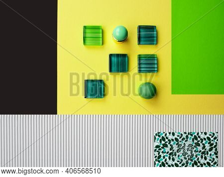 Flatlay Various Geometric Paper Shape, Piece Of Glass Mosaic, 2 Ball Turquoise Green Stone, Rectangl