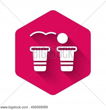 White Beer Pong Game Icon Isolated With Long Shadow Background. Alcohol Party Game. Pink Hexagon But