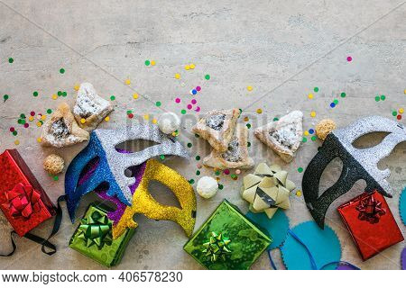 Purim. Purim Celebration Concept (jewish Carnival Holiday) On White Background, Top View, Copy Space