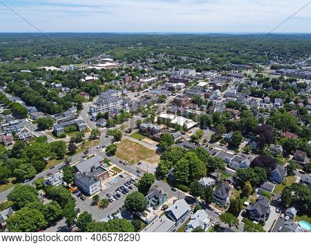 Wakefield Historic Town Center Aerial View On Main Street In Wakefield, Massachusetts Ma, Usa.