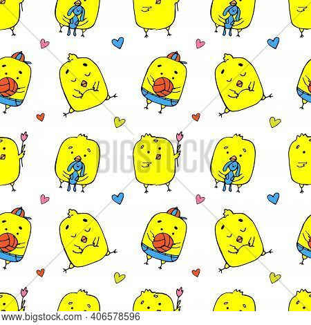 Seamless Spring Or Easter Background Pattern With Cute Little Chickens In Yellow And Aqua Blue. For 