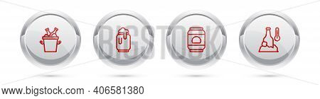Set Line Beer Bottles In Ice Bucket, Can With Foam, And Cold Beer. Silver Circle Button. Vector
