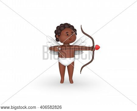 Amur Or Cupid With Wings Hold Bow,
Arrow And Heart. Happy Valentines Day. Cute Angel Or Cupidon With