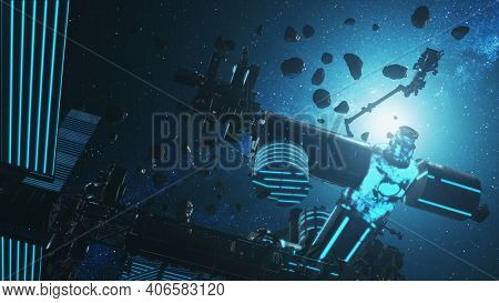 Asteroids silhouette at International Space Station with solar panels in outer space. Zero gravity fly meteorite rocks. Illuminated ISS satellite in open cosmos. 3d animation in blue, black colors