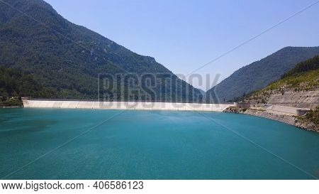 Aerial View Of Green Canyon In Oymapinar Dam Area, Antalya, Turkey. Clip. Breathtaking View Of A Dam