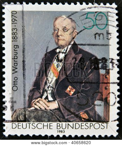 stempel trykt i Tyskland viser Otto Heinrich Warburg