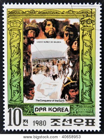 Een stempel gedrukt in Noord-Korea toont Vasco Nunez da Balboa reeks, de veroveraar van Eath circa 1980
