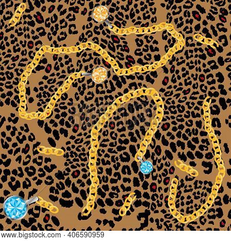 Leopard Pattern Skin With Gold Chain And Gems Stones,ble Topaz And Citrine, Semaless Illuatration An